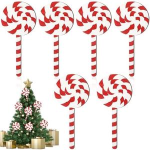 Huwena 6 Pcs 16'' Large Christmas Candy Ornaments Christmas Lollipop Ornament Double Sided Printing Peppermint Xmas Ornament Decorative Hanging Ornament Pendant for Xmas (Red, White,Wood)
