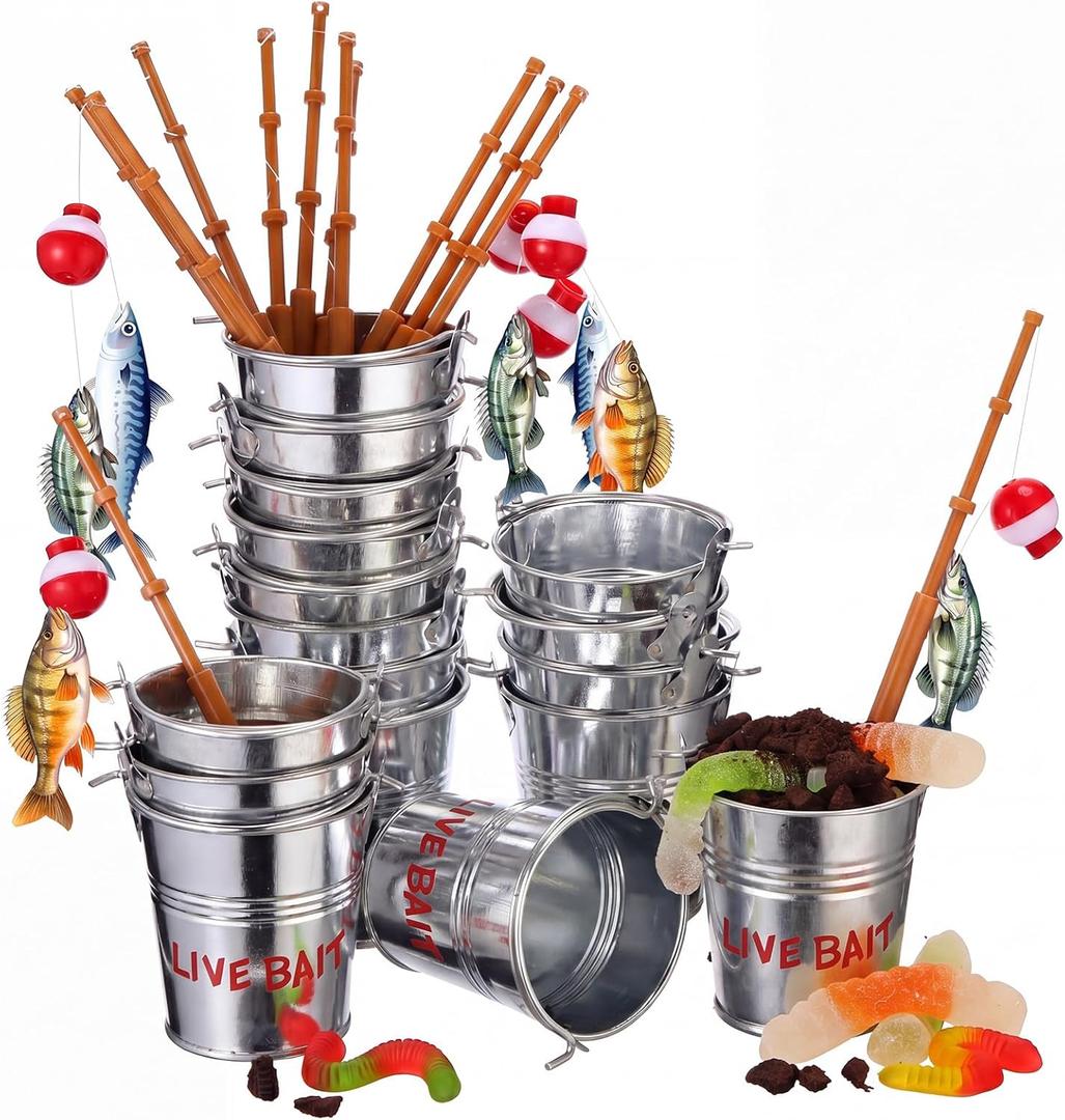 Soulchen 24 Pcs Mini Fishing Birthday Party Decorations Include 12 Fish Cupcake Pole Picks 12 Mini Tackle Live Bait 12 Bobber for Gone Fishing Theme Supplies Ocean Party Cake Decoration