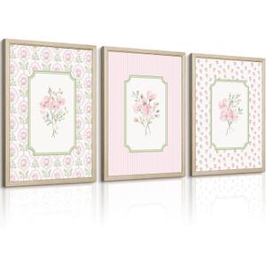 Pink Floral Wall Art Nursery Flower Canvas Wall Decor Baby Girl Wildflower Pictures Aesthetic Striped Botanical Poster Prints Pink Green Floral Painting Artwork for Girl Room 16x24 Inch Framed 3Pcs