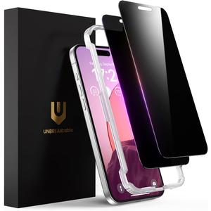 UNBREAKcable Privacy Screen Protector for iPhone 16, Full Coverage Shatterproof Tempered Glass [True 28°Anti Spy] [9H Hardness] [Easy Installation Frame] 2-Pack Private Screen for iPhone 16