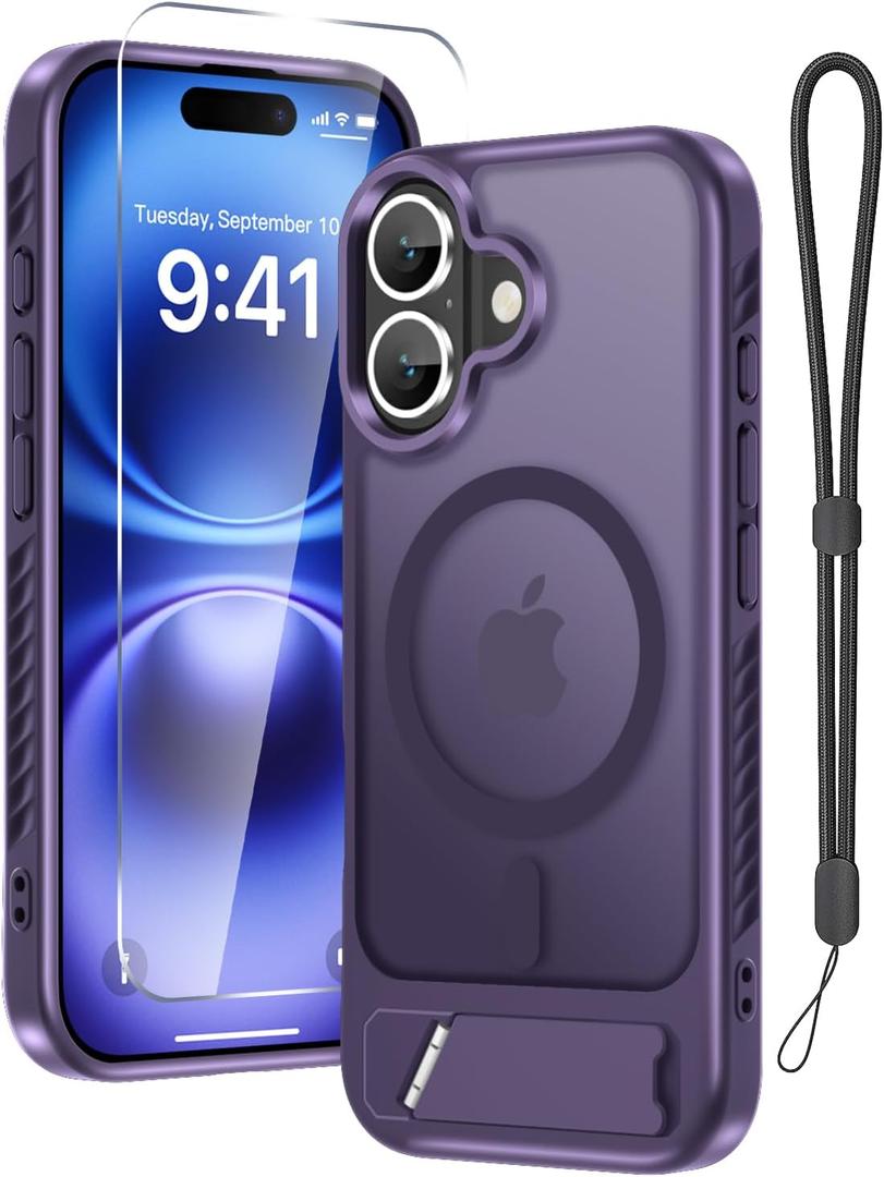 RMOCR Case for iPhone 17 Phone Cover with Screen Protector+Lanyard Wrist Strap,Magnetic Translucent Matte Rugged Slim PhoneCase Built in Invisible Kickstand [Fit for MagSafe],Purple