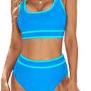 Blooming Jelly Women's Bikini Sets High Waisted Two Piece Swimsuits Sporty Color Block Cheeky High Cut Bathing Suits (Small, Blue)