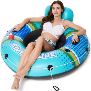 Jasonwell Inflatable River Tube Float - Heavy Duty River Float Pool Floats Lake Premium Water Tubes for Floating Recreational River Raft Lounge Floaties with 2 Cup Holders for Adult (X-Large, Cyan)