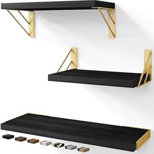 BAYKA Rustic Wood Floating Wall Shelves, Wall Mount Storage Organizer for Bedroom, Living Room, Kitchen, Bathroom & Office (Black Gold, Set of 3)