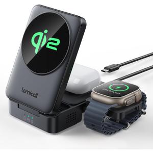 Lamicall Qi2 Certified Foldable 3 in 1 Wireless Charging Station  [15W Fast Charge & Upgraded Cooling] Compact Travel Magnetic Charger Stand for iPhone 17e 17 16 15 14 13, AirPods Pro, Apple Watch
