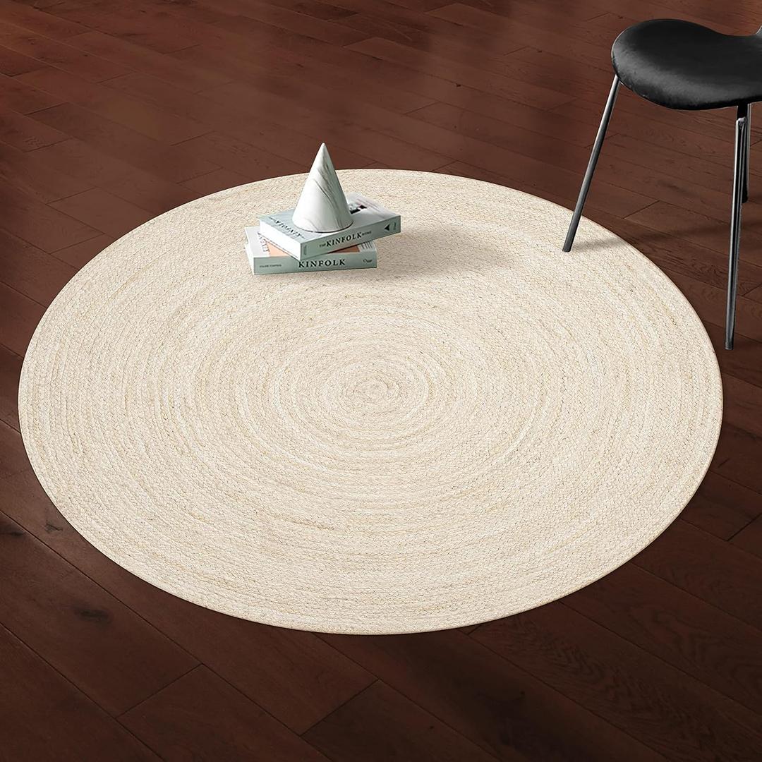 Hausattire Hand Woven Jute Braided Rug, 4 Round  Off White, Reversible Boho Entry Area Rugs for Kitchen, Living Room I Farmhouse Decorative Floor Rug, 4 Feet Round