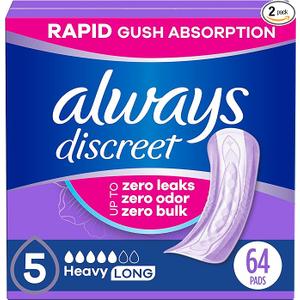 Always Discreet Adult Incontinence Pads for Women, Heavy Absorbency, Long Length, Postpartum Pads, 64 Count (2 Packs of 32)