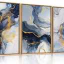 Abstract Navy Blue Framed Canvas Wall Art,Modern Gold Geometric Wall Decor,Vintage Ink Wash Painting,Neutral White Wave Artwork for Living Room,Bedroom,Dining Room,Office - 12"x16"x3