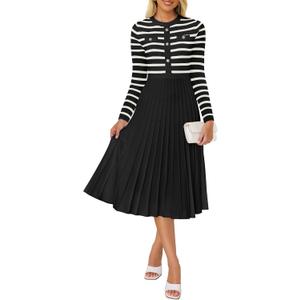 ZESICA Womens Long Sleeve Striped Midi Dresses Crewneck Button Ribbed Knit Pleated A Line Swing Sweater Dress