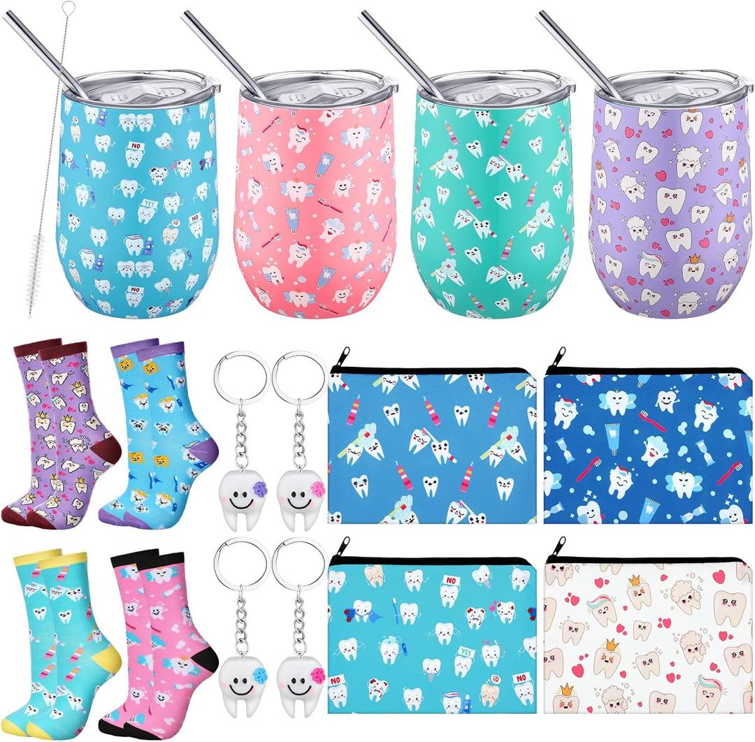16 Pcs Dental Hygienist Gifts Bulk Include 12 oz Teeth Stainless Steel Tumbler Cosmetic Bag Tooth Shape Keychain Tooth Socks Dental Assistant Gifts for Christmas Nurse Graduation Accessories