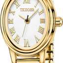 TKIIOER Small Gold Watches for Women, Easy to Read Dial Ladies Analog Watch, Oval Case, Stainless Steel Expansion Band, Waterproof Watch