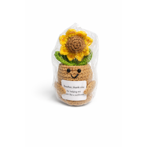 Teacher Appreciation Gift Cute Handmade Crochet Sunflower Mini Plant Knitted Doll with Card Funny Knitting Best Teacher Gifts Stuff for Women Men Birthday Thank You Present School Home Room Decor,