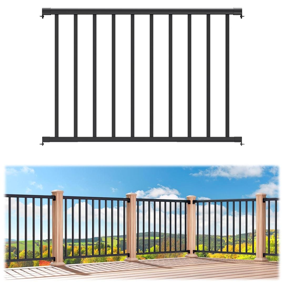 1 Pack 36 in. H x 4 ft. W Porch and Deck Railing Kit Without Post, Aluminum Railing Kit, Black Textured Powder-Coat Finish Rail System for Outdoor Decks, Porches & Balconies (1 Panel)