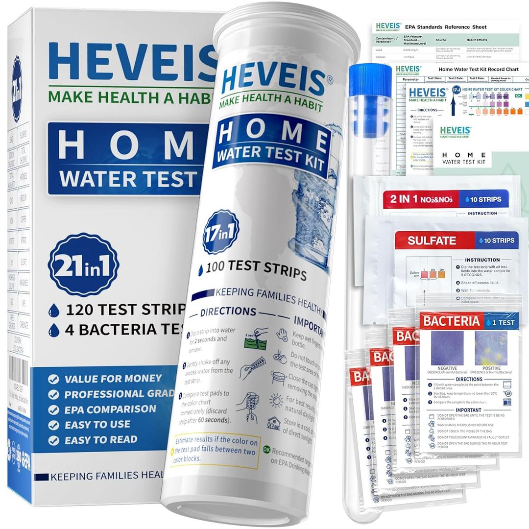21-in-1 Home Drinking Water Testing Kit - 120 Strips + 4 Bacteria Tests - Tap and Well Water Test Kit, Easy to Test and Read for Hardness, Lead, Iron, Fluoride, pH, Copper, Bacteria and More (Blue)