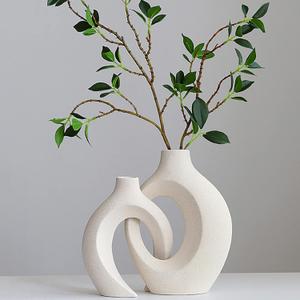 Ceramic Vase Set - 2 Flower Donut Modern Vases for Home Dcor, Creative White Vases Minimalism Style Decor Vase Table Vase for Living Room Entryway Bookshelf Mantel Centerpieces Shelf
