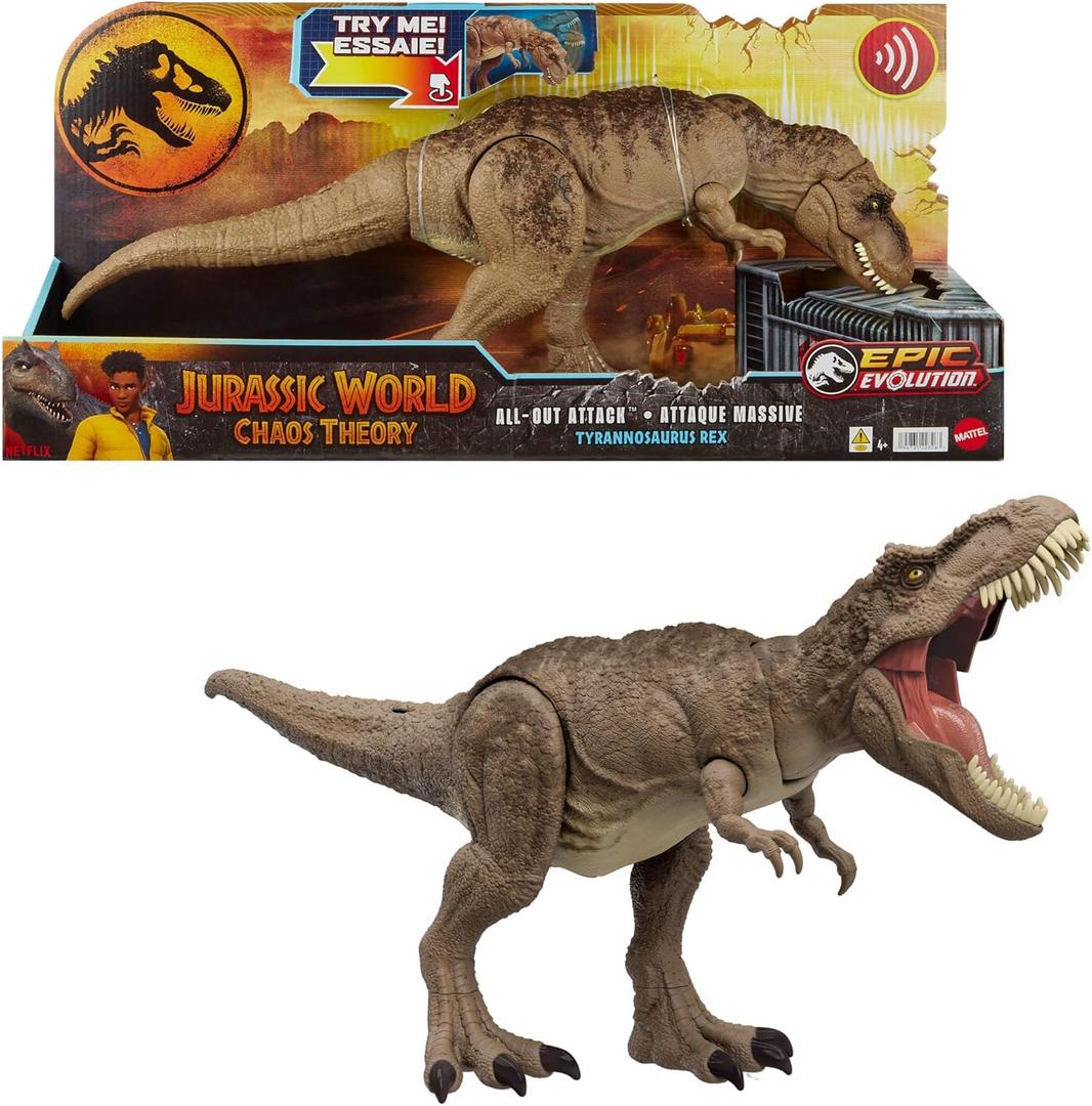 Mattel Jurassic World T. rex Dinosaur Toy with Sound & Movement, All-Out Attack Tyrannosaurus Rex Action Figure with Rampage Attack, Plus Digital Play