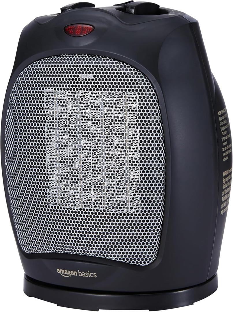 Basics Oscillating Ceramic Space Heater, Portable Fast Heating Indoor Solution, With Overheat and TipOver Protection, Thermostat, 1500W, 7.52"D x 6.34"W x 9.45"H, Black