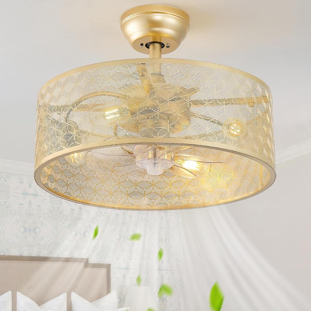 20" Boho Ceiling Fans with Lights, Gold Fandelier Ceiling Fan with Light Remote Control with Caged 6 Speeds for Bedroom, Nursery, Living Room (Gold Metal Engraving)