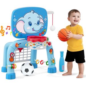 Wee Wonders Toddler Basketball Hoop & Soccer Goal Tball Set, Kids Sport Toys with Light & Sound, Musical Activity Center Toys for 1 2 3 Years Old Boys, Christmas Birthday Gifts for Baby 12-18 Months