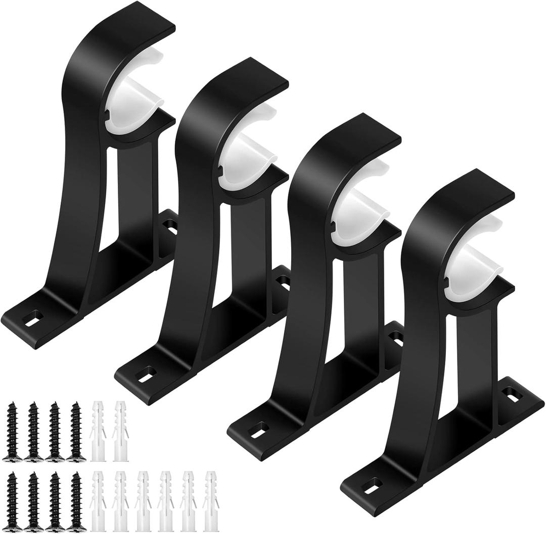 KOLAKO Curtain Rod Bracket, Heavy Duty Curtain Rod Holders Single Decorative Rod Hooks Hanger Fit for 1 Inch Drapes Rod, Black (Set of 4)