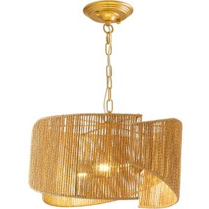 Piepooye 3 Light Gold Rattan Chandelier 17 Inch Boho Coastal Pendant Light Fixture Rustic Hand-Woven Wicker Hanging Ceiling Light for Dining Room Living Room Bedroom Kitchen Island Hallway