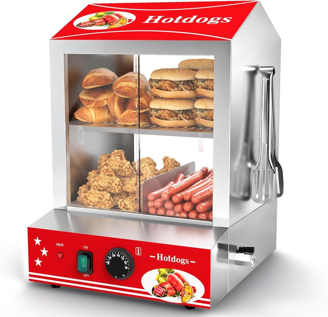 Hot Dog Steamer, 28.5QT 2-Tier Commercial Hot Dog Machine with Bun Warmer, 86F~185F Adjustable, 175 Hot Dogs & 40 Buns, Stainless Steel Hot Dog Bun Warmer with Tempered Glass Slide Doors