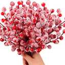 FOIMAS Snow Frosted Artificial Red Berry Stems,24 Pack Christmas Berry Spray Picks Holly Berries Branches for Christmas Tree DIY Craft Home Decoration