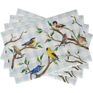 Seliem Spring Summer Birds Placemats Set of 4, Chickadee Goldfinch Robin Bluebird Nuthatch Sparrow Branch Dining Table Place Mats, Blue Plaid Check Farmhouse Kitchen Decor Home Decoration 12 x 18 Inch