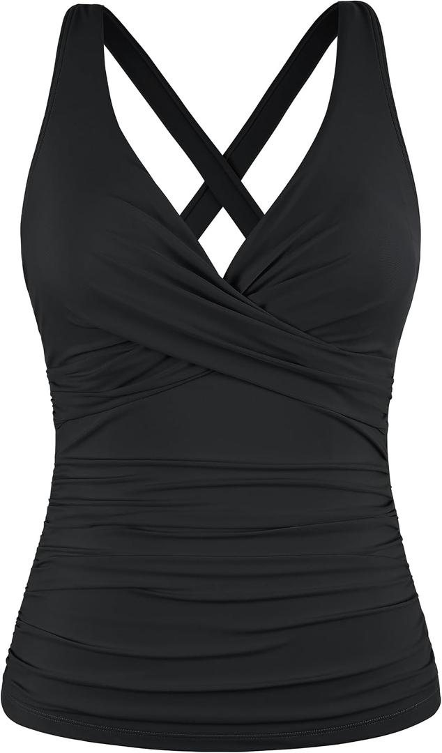 Hilor Women's Underwire Tankini Top Tummy Control Bathing Suits Sexy V Neck Crossover Swim Top Only (Black, XL)