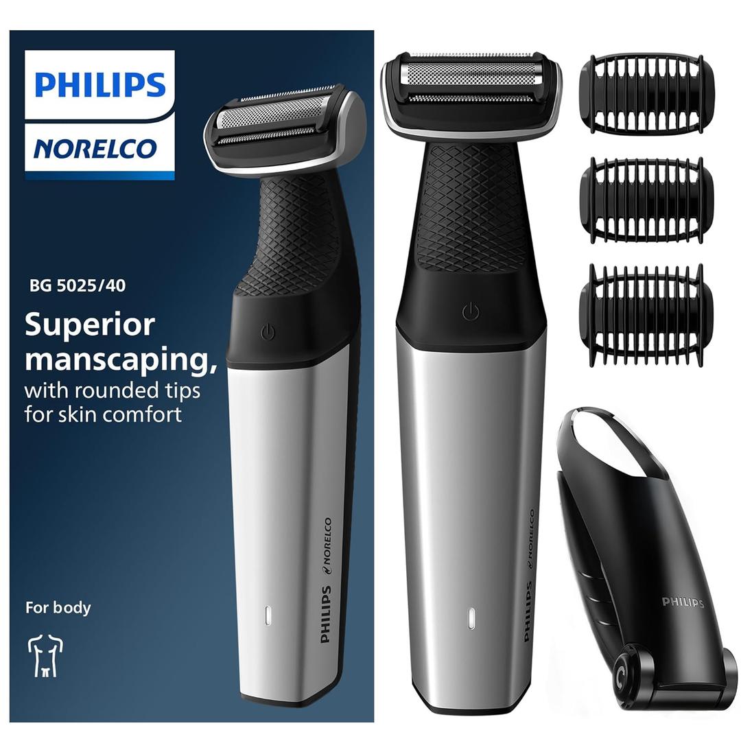 Philips Bodygroom Series 5000, Showerproof Groin and Body Trimmer, Close and Comfortable Shave, Complete Body Grooming Including Back, 60 Min. Runtime, Model BG5025/40 (Black)
