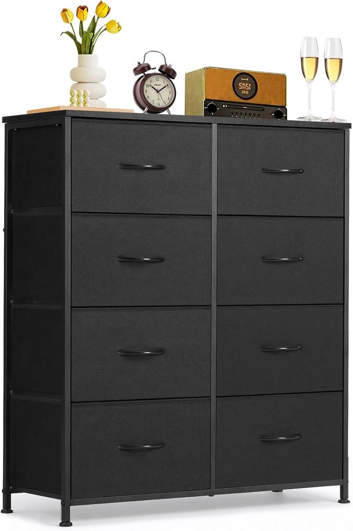 8-Drawer Dresser for Bedroom, Anti-Tip Tall Storage Organizer Chest of Drawers with Wooden Top and Metal Frame Fabric Bins for Closet, Living Room, Hallway, Entryway, Black, 11.8"D x 31.4"W x 36.3"H