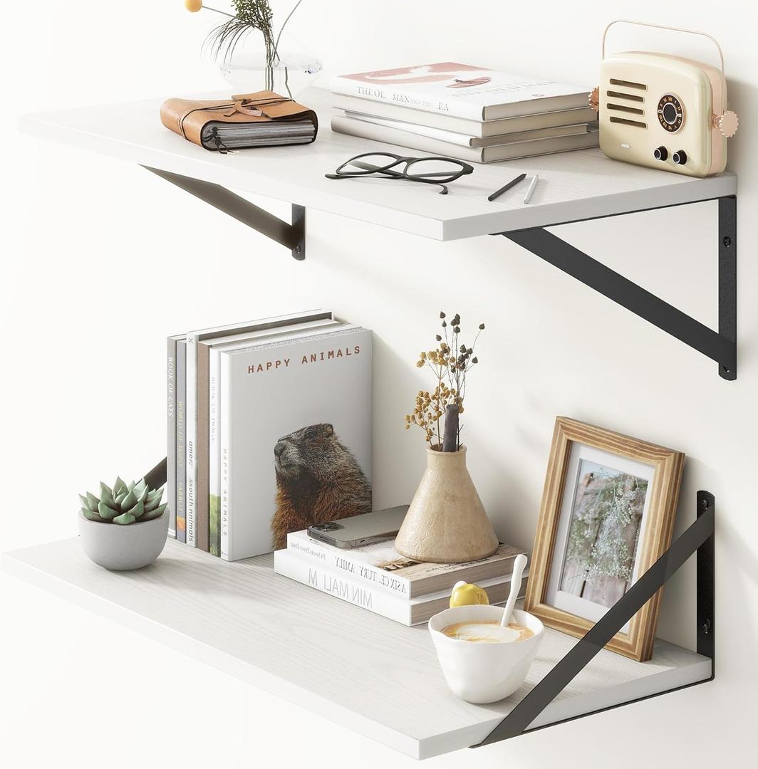 Deep Floating Shelves, 12 Inch Deep Floating Shelves for Wall, 24"W x 12"D Wall Shelves for Books, Rustic White Wooden Shelves, Large Wide Display Shelf for Bathroom, Living Room, Bedroom, Set of 2