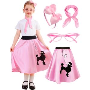 Poodle Skirts for Girls 50s Costume Kids 50s Accessory Sock Hop Outfit Halloween Costume with Headbands, Glasses, Scarf (Pink, S (4-6Y))