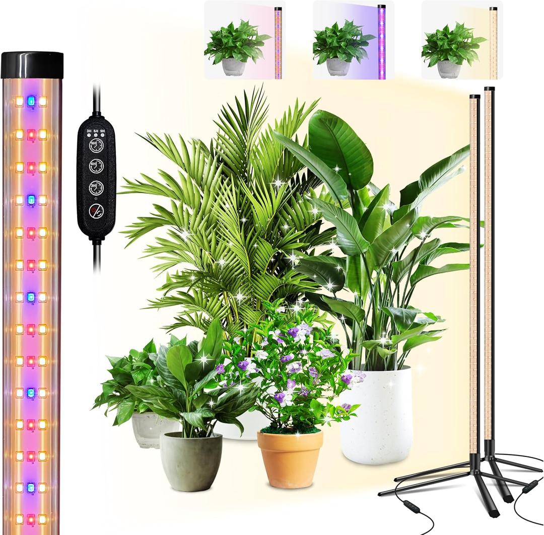 UPONELED Standing Grow Light for Indoor Plants with Timer,42W Vertical Grow Lights for Indoor Plants Full Spectrum,4FT T8 243LED Plant Lights for Indoor Growing with On/Off Timer Function, 2 Pack