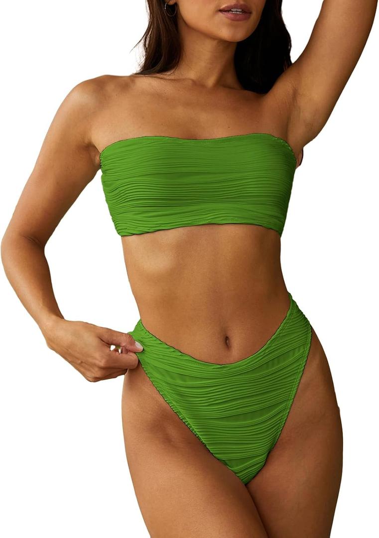 ZAFUL Women Strapless Textured Bandeau Bikini 2 Piece Swimwear Cheeky Solid Lace up Bathing Suits (Small, 1-light Green)