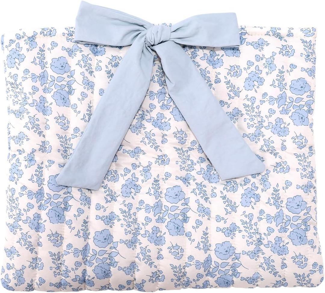 Quilted Bible Cover with Bow, 12.6x10.6in Polyester Blue Flower Pattern Bible Book Sleeve Carrying Case Protector for Women Girls Christian Gifts