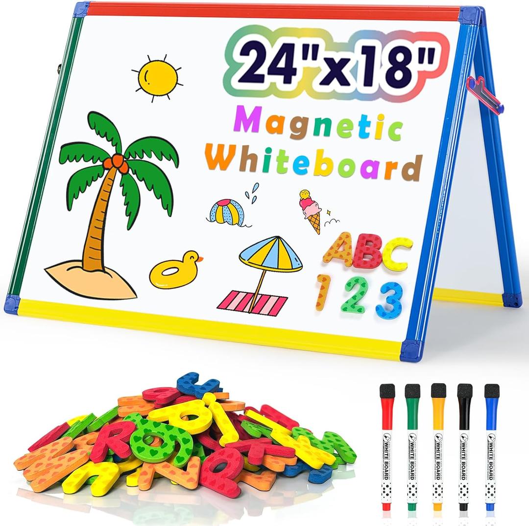 SWANCROWN Magnetic Board for Kids - Tabletop White Board for Children- 24x18 Inch Double Sided Foldable Dry Erase Board Standing with 82Pcs Alphabet Magnets Whiteboard Letters