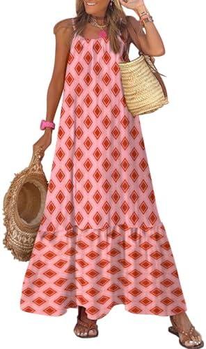 Dokotoo Women Summer Dresses 2025 Spaghetti Strap Scoop Neck Smocked Ruffle Flowy Boho Maxi Dress, Medium