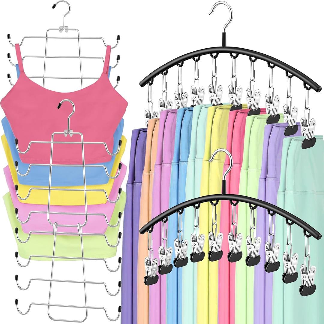 TomCare 4 Pack Space Saving Hangers2Pack Tank Top Hanger and 2Pack Leggings Organizers for Closet Pants Hangers with 20 Clips Bra Organizers with 16 Hooks Stainless Steel Hanging Closet Organizer (Black)
