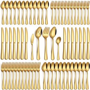 65 Piece Gold Silverware Set with Serving Utensils, Stainless Steel Flatware Set for 12 Food Grade Cutlery Utensil Set Include Knife Fork Spoon Mirror Polished Dishwasher Safe