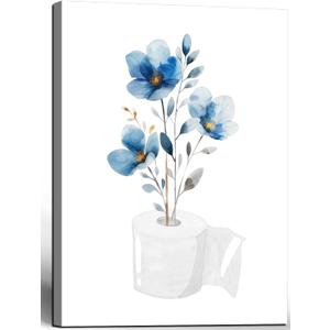 Framed bathroom canvas wall art with blue flowers embellishing toilet paper; elegant floral bathroom decorative painting for living room and bedroom; gallery style; 12x16 inches; can be hung directly.