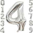 4 Number Balloons Silver 4 Balloons Number 40 Inch Number 4 Foil Mylar Balloons for 4 Birthday Anniversary Events Party