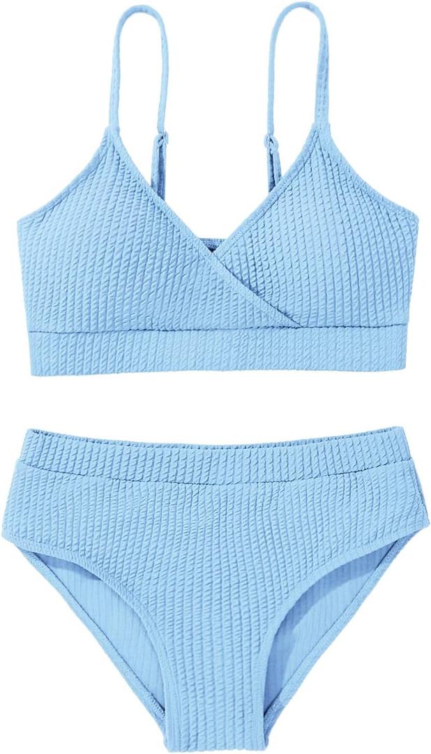 Girl's 2 Piece Swimsuit Solid Spaghetti Strap Bikini Sets Beach Bathing Suit Swimwear for Teen Girls (Blue)