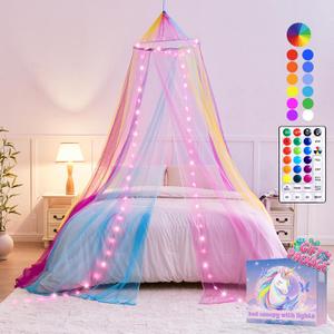 HEYCOLOR Rainbow Bed Canopy with Star Lights for Girls Bedroom, 24 Colors Canopy Bed Curtains Color Changing Princess Canopy Remote Timer for Kids Tent Twin Full Queen King Size Bed