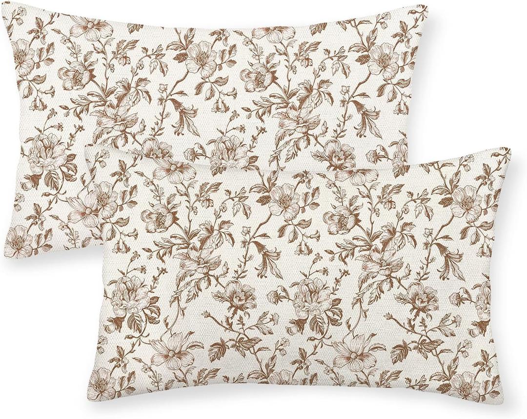 Brown Floral Pillow Covers 12x20 Set of 2 Brown and Cream Chinoiserie Floral Decorative Throw Pillows Vintage Rustic Toile Flower Pillowcase Outdoor Decor Linen Cushion Covers for Couch Sofa