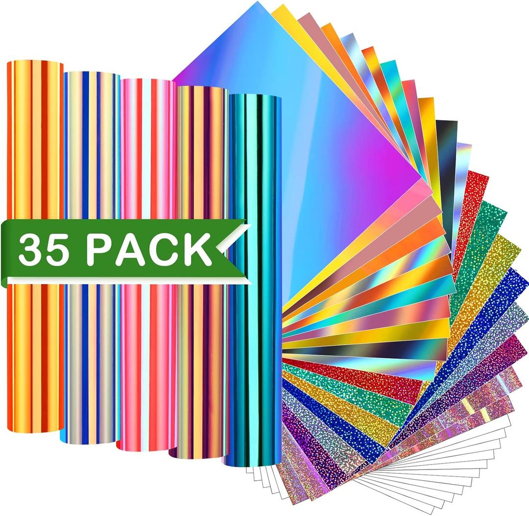 WRAPXPERT Holographic Permanent Vinyl Adhesive 35 Sheets Bundle-24 Vinyl Sheets 12"x12" & 6 Grid Transfer Paper & 5 Vinyl Layer Ppaer Compatible with All Crafters (01 Pack)