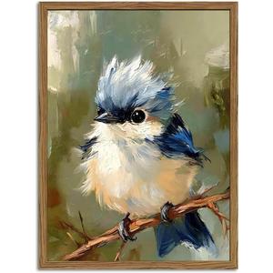 Cute Bird Wall Art, Vintage Animal Wall Decor Painting Rustic Birds on Tree Nature Poster Canvas Prints Picture for Bedroom Living Room Bathroom 16x24 inch Wood Framed