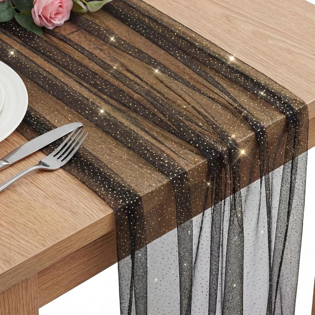 3 Pcs Wedding Gauze Table Runner 10 ft Glitter Bling Metallic Foil Sheer Tulle Chiffon Cheesecloth Sequin Tabletop Decor for Graduation Birthday Anniversary Dinner Party (Black)