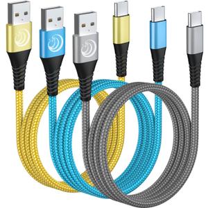 USB C Cable 10FT 3Pack Fast Charging Nylon Braided Long Type C Charger Cable for Samsung Galaxy S24 S23 S22 S21 S10 S9 S8 A02s A03s A11 A12 A13 A14 A21 A22 A32 A42 A53, Tablet, LG, Moto, TCL