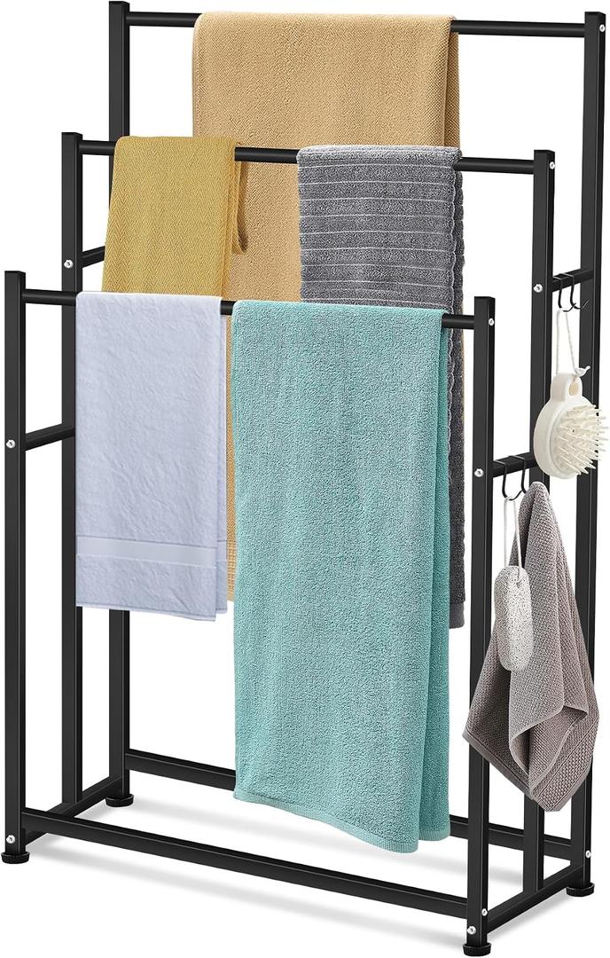 47.6 Inch Tall Free Standing Towel Racks 3 Tier Pool Towel Rack Outdoor Oversized Floor Bath Towel Drying Valet Holder Blanket Quilt Rack Stand for Bathroom Bedroom Beach Hot Tub Gym Pool Area Outside